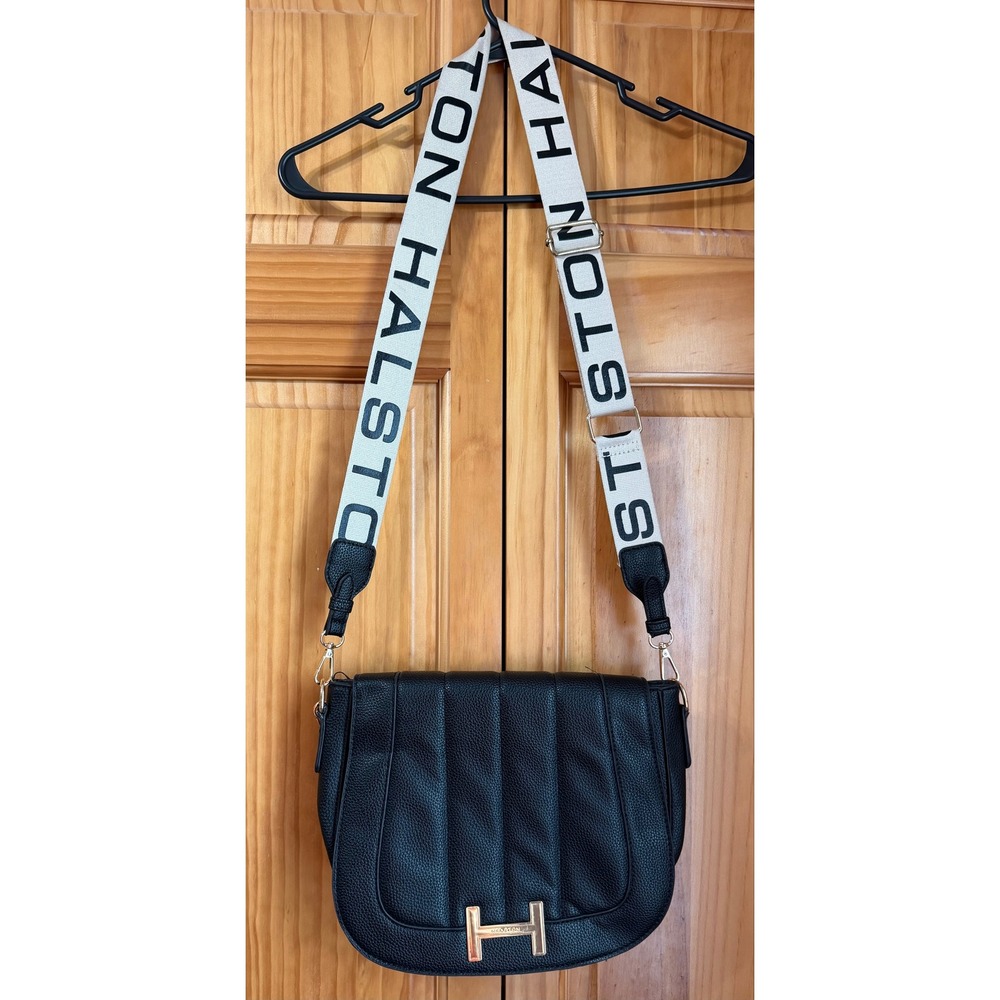 Halston Black Pebbled Faux Leather Crossbody Shoulder Bag Logo Strap Gold Tone